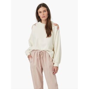 XiRENA Cream Sweatshirt with Pink Embroidered Shoulders